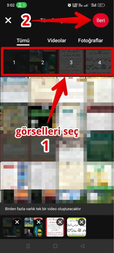 görselleri seçin ve ileri düğmesine dokunun