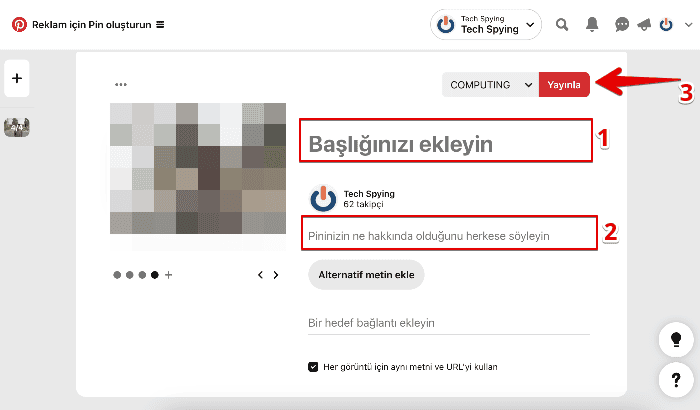 pin ayrıntılarını girin ve karusel pin oluşturmak için yayınla düğmesine tıklayın