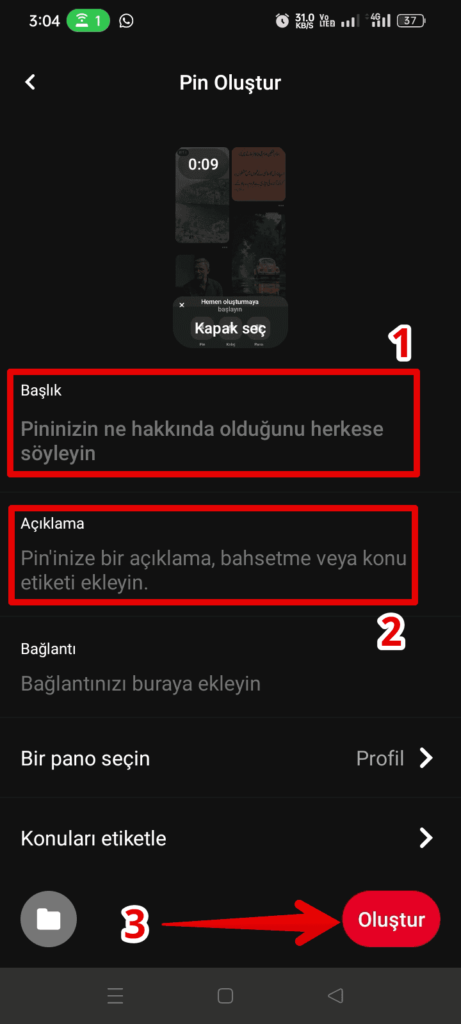 pin ayrıntılarını girin ve oluştur düğmesine dokunun