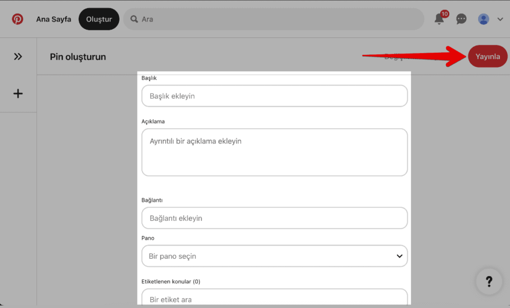 pin ayrıntılarını girin, yayınla düğmesine tıklayın ve pin oluşturulacak