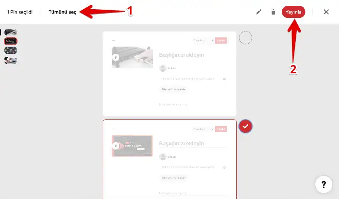 tümünü seç düğmesine tıklayın ve sonra yayınla düğmesine tıklayarak görselleri yükleyin