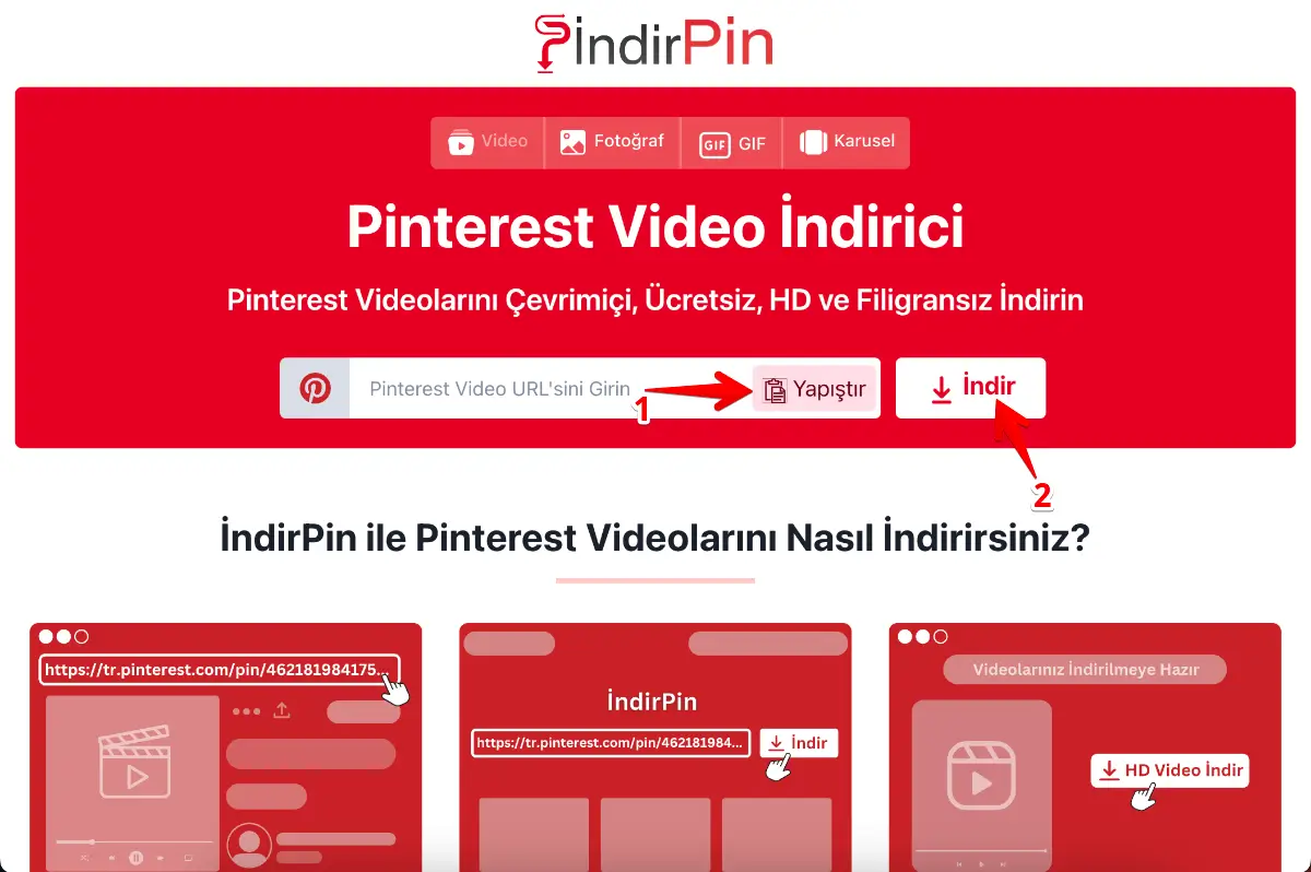 video url'sini yapıştırın ve indir'e tıklayın